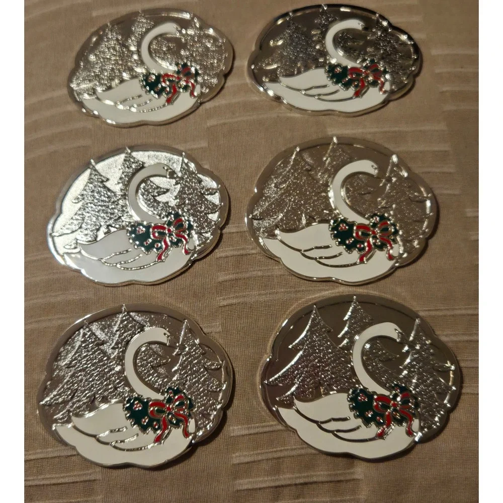 Wm. A.‎ Rogers Holiday Swan Coasters Set of 6 Silverplate Enamel Oneida 011 7601